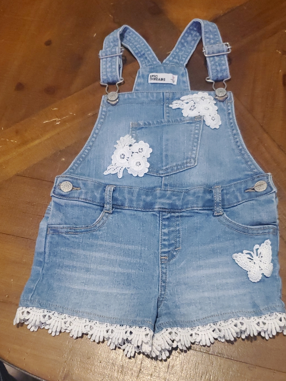 Epic Threads Blue Denim Short Overalls with White Lace Appliques